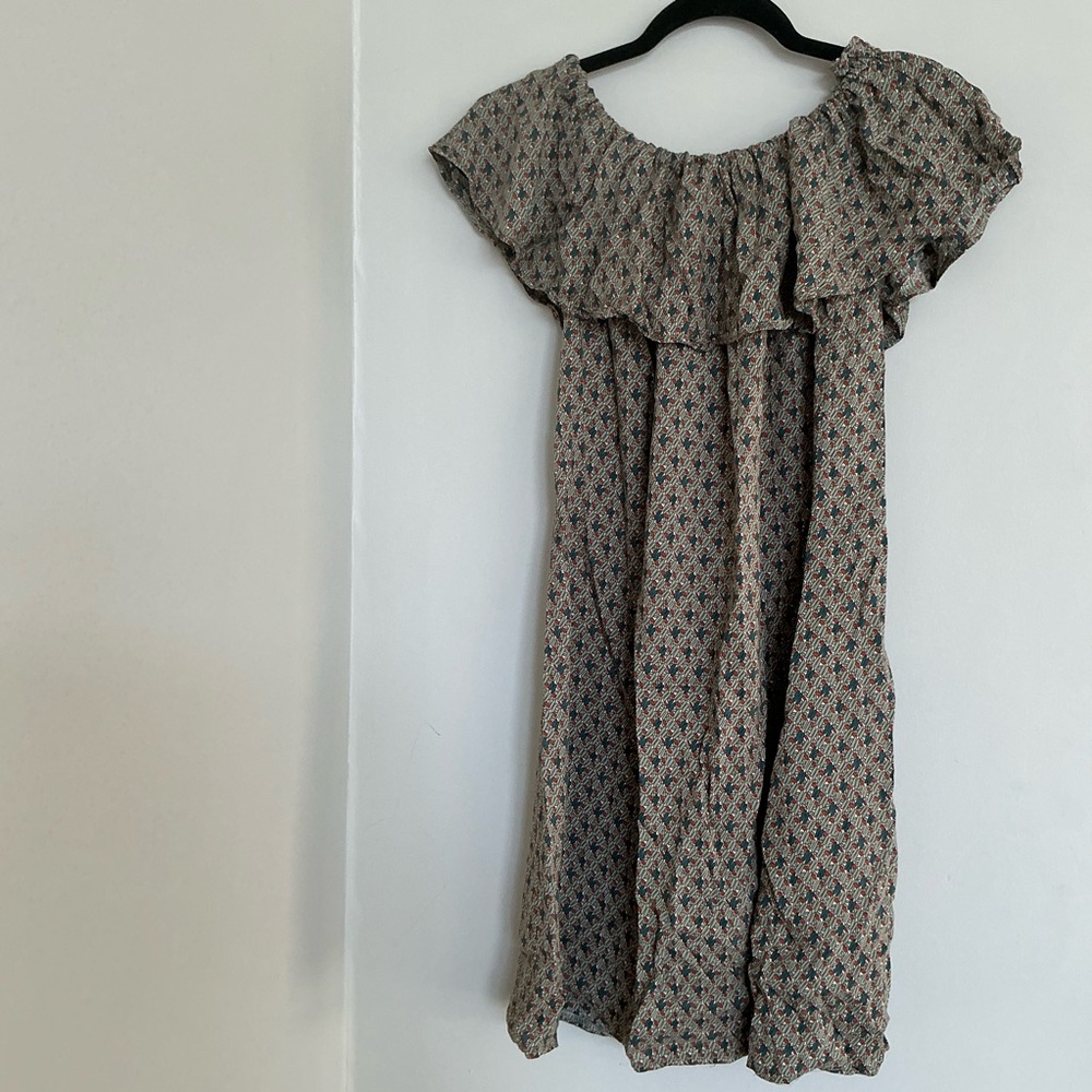 Moshiki Boho Off Shoulder Midi Dress Ruffle Neck Flowy Floral Print S/M 38” Bust